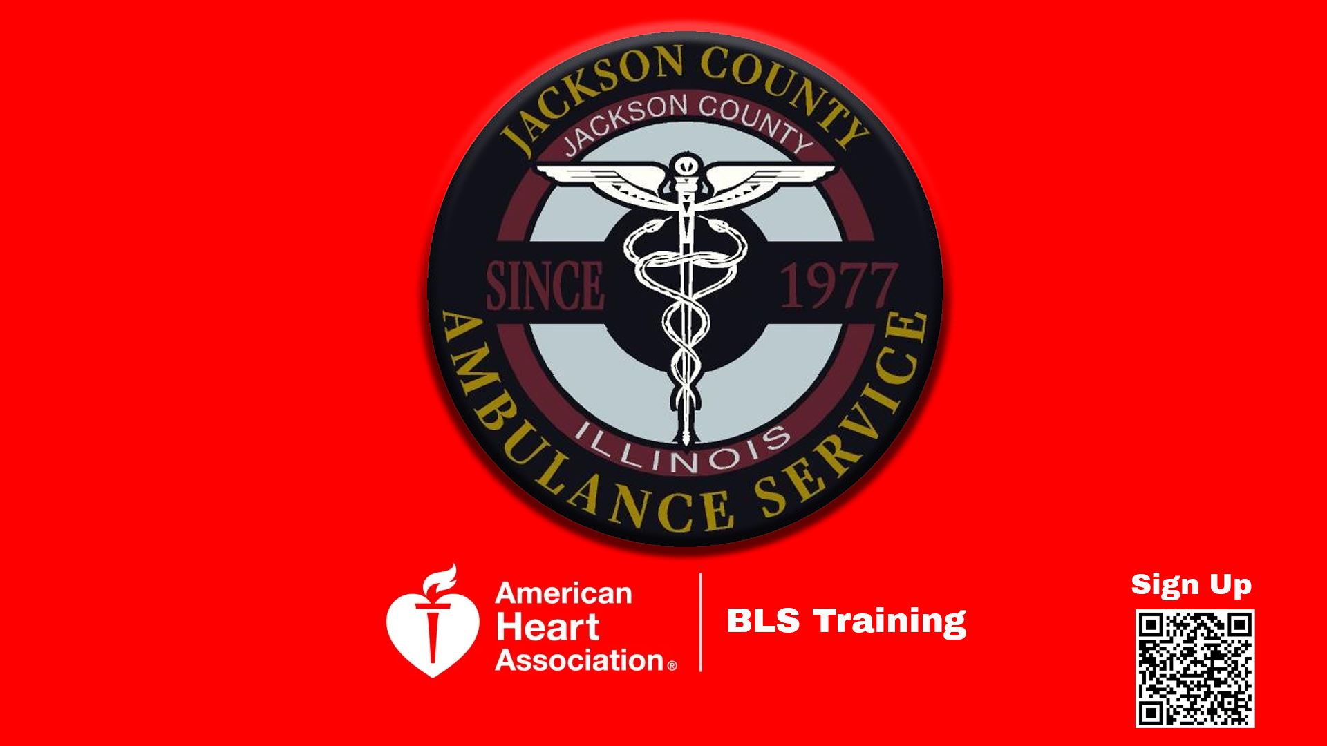 Ambulance Department logo, American Heart Association BLS Training with a QR Code to Sign Up